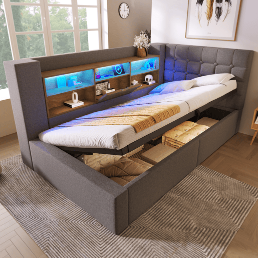 Cama de solteiro de linho 90x190 cm com armazenamento e luz led,cinza Cama de solteiro de linho 90x190 cm com armazenamento e luz led,cinza