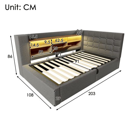 Cama de solteiro de linho 90x190 cm com armazenamento e luz led,cinza Cama de solteiro de linho 90x190 cm com armazenamento e luz led,cinza