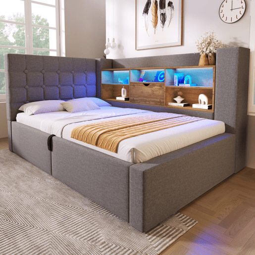 Cama de solteiro de linho 90x190 cm com armazenamento e luz led,cinza Cama de solteiro de linho 90x190 cm com armazenamento e luz led,cinza