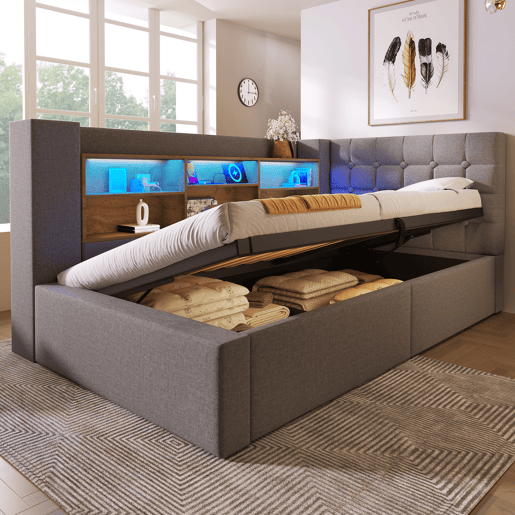 Cama de solteiro de linho 90x190 cm com armazenamento e luz led,cinza Cama de solteiro de linho 90x190 cm com armazenamento e luz led,cinza