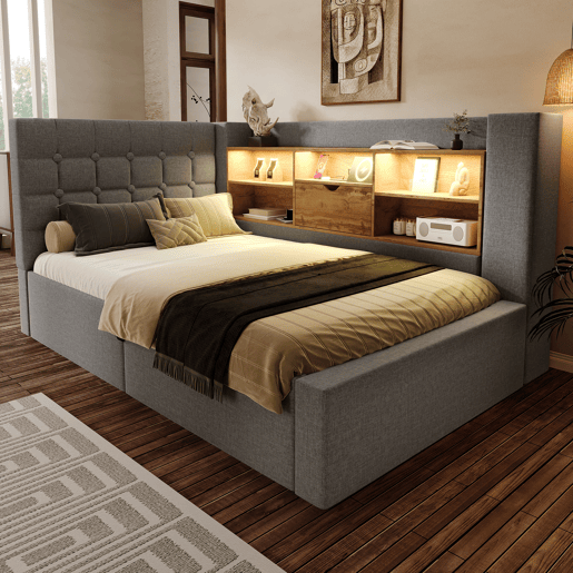 Cama de solteiro de linho 90x190 cm com armazenamento e luz led,cinza Cama de solteiro de linho 90x190 cm com armazenamento e luz led,cinza