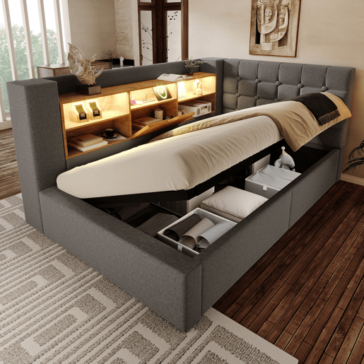 Cama de solteiro de linho 90x190 cm com armazenamento e luz led,cinza Cama de solteiro de linho 90x190 cm com armazenamento e luz led,cinza