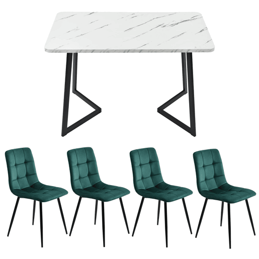 Conjunto de mesa de jantar 117 cm - Mesa retangular com 4 cadeiras, tecido de veludo verde, pernas pretas