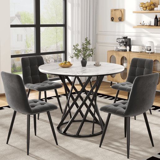 Conjunto de mesa e cadeiras 80 cm - Mesa redonda com pernas metálicas pretas, cadeiras de veludo