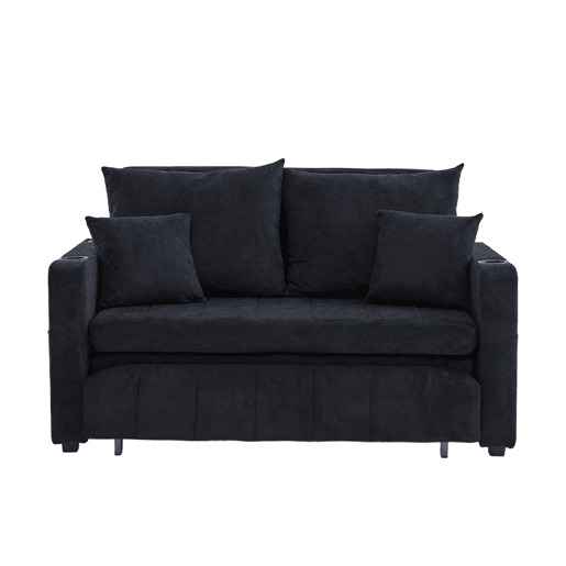Sofá de tecido multifuncional - dobrável, 2 funções, lavável, USB, porta-copos - Preto