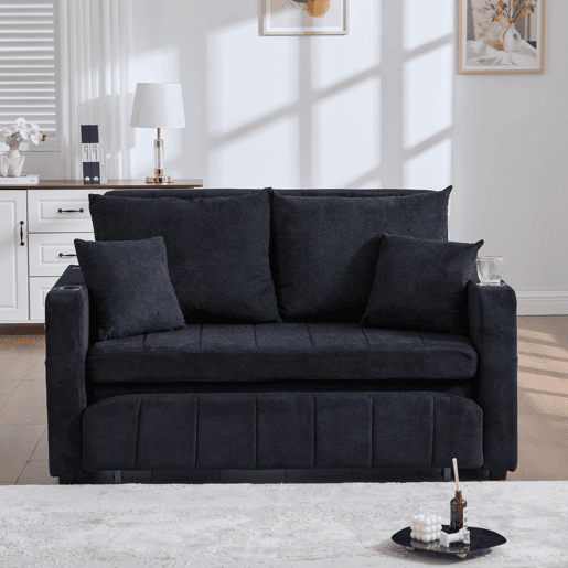 Sofá de tecido multifuncional - dobrável, 2 funções, lavável, USB, porta-copos - Preto