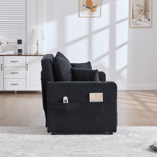 Sofá de tecido multifuncional - dobrável, 2 funções, lavável, USB, porta-copos - Preto