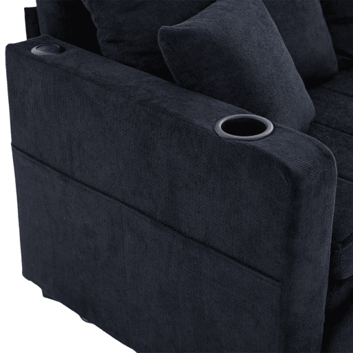 Sofá de tecido multifuncional - dobrável, 2 funções, lavável, USB, porta-copos - Preto