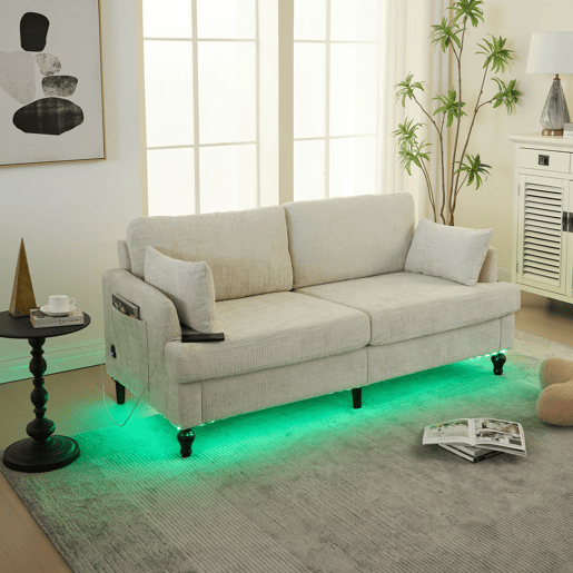 Sofá de 2 lugares - Chenille, pés de madeira, LED, USB e arrumação - Bege