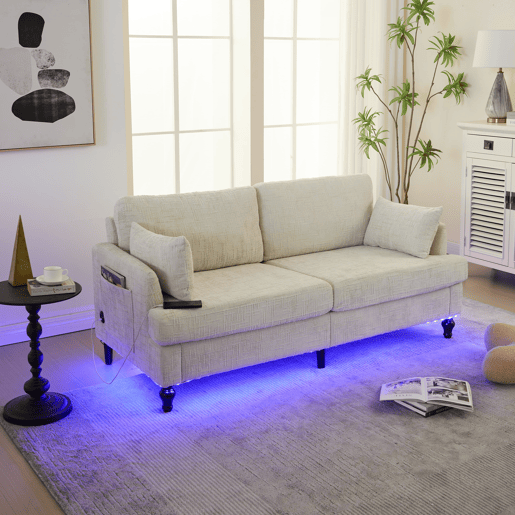 Sofá de 2 lugares - Chenille, pés de madeira, LED, USB e arrumação - Bege