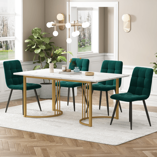 Conjunto de sala de jantar 140x80cm - Mesa com 4 cadeiras de veludo verde escuro e pernas metálicas douradas