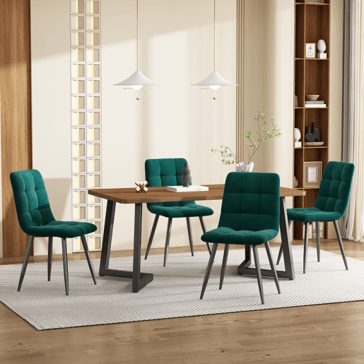 Conjunto de sala de jantar de 5 peças - Mesa de jantar 117x68 cm - Estrutura metálica preta - Cor nogueira, cadeiras de veludo verde escuro
