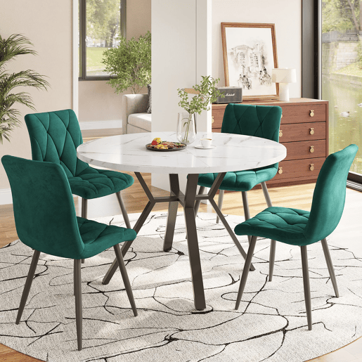 Conjunto de sala de jantar de 5 peças - Mesa redonda de mármore com 4 cadeiras ergonómicas de couro verde - Preto, Branco