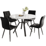 Conjunto de sala de jantar de 5 peças - Mesa redonda de mármore com pernas metálicas pretas - 4 cadeiras ergonómicas de couro preto