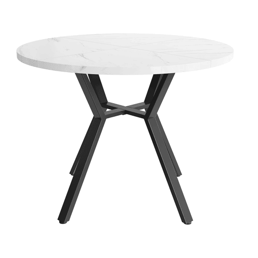 Conjunto de sala de jantar de 5 peças - Mesa redonda de mármore com pernas metálicas pretas - 4 cadeiras ergonómicas de couro preto