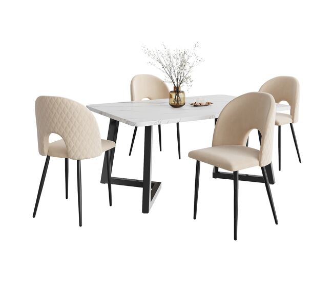 Conjunto comedor 117x68 cm - mesa rectangular con 4 sillas - sillas de terciopelo beige - piernas negras