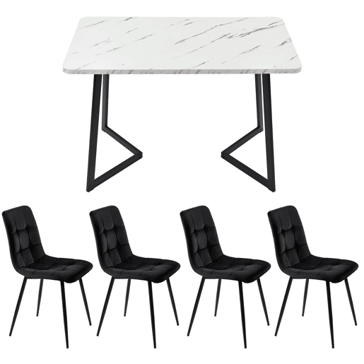 Conjunto de sala de jantar de 5 peças - Mesa retangular com 4 cadeiras - Cadeiras em veludo preto - Estrutura preta