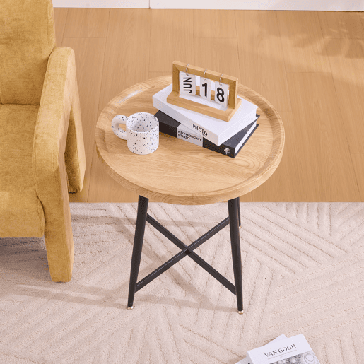 Mesa auxiliar redonda pequena - estilo nórdico, madeira natural e estrutura metálica - Natural Wood