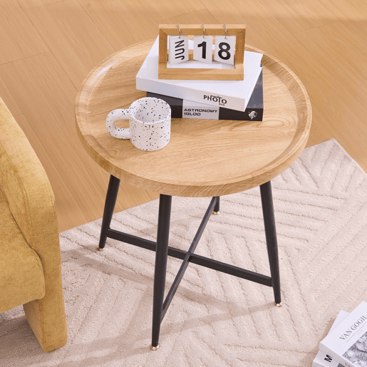 Mesa auxiliar redonda pequena - estilo nórdico, madeira natural e estrutura metálica - Natural Wood