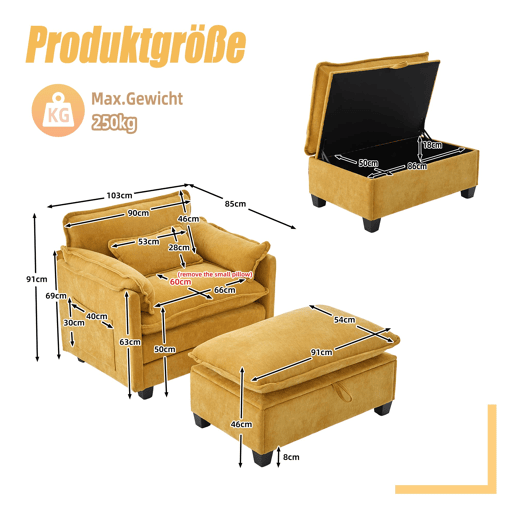 Poltrona lounge grande - com apoio para os pés, almofada e bolsos laterais - Amarelo