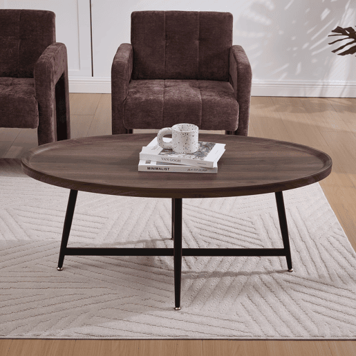 Mesa de centro ovalada - estilo nórdico com estrutura metálica - castanha