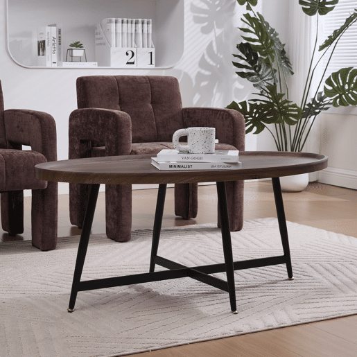 Mesa de centro ovalada - estilo nórdico com estrutura metálica - castanha