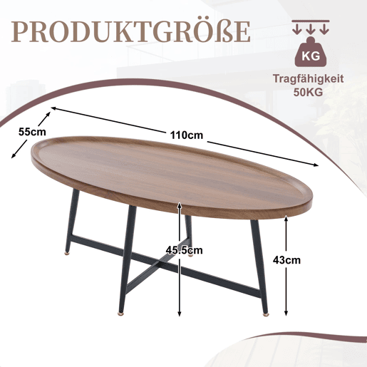 Mesa de centro ovalada - estilo nórdico com estrutura metálica - castanha