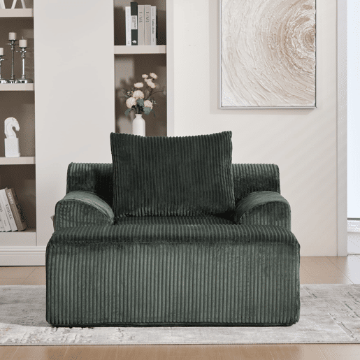 Sofá relax - Veludo canelado, assento profundo, almofada e bolsos laterais - Verde esmeralda