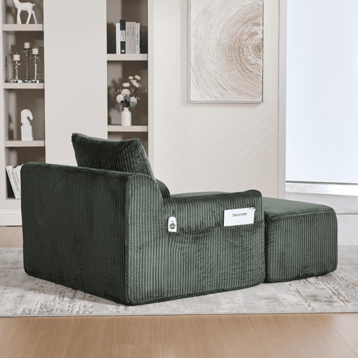 Sofá relax - Veludo canelado, assento profundo, almofada e bolsos laterais - Verde esmeralda