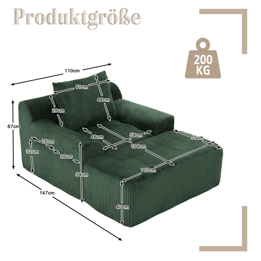 Sofá relax - Veludo canelado, assento profundo, almofada e bolsos laterais - Verde esmeralda