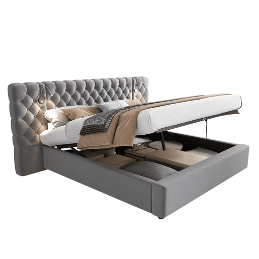 Cama de casal de veludo 160x200 cm com armazenamento e luz led,cinza