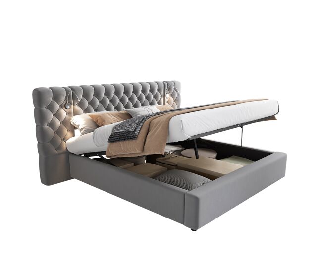 Cama de matrimonio de terciopelo 160x200 cm con almacenaje y luz led,gris