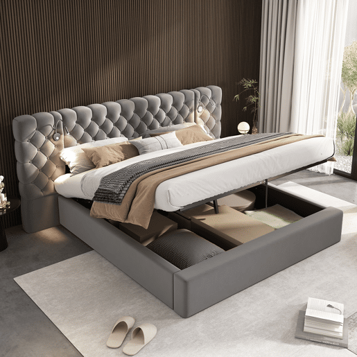 Cama de casal de veludo 160x200 cm com armazenamento e luz led,cinza