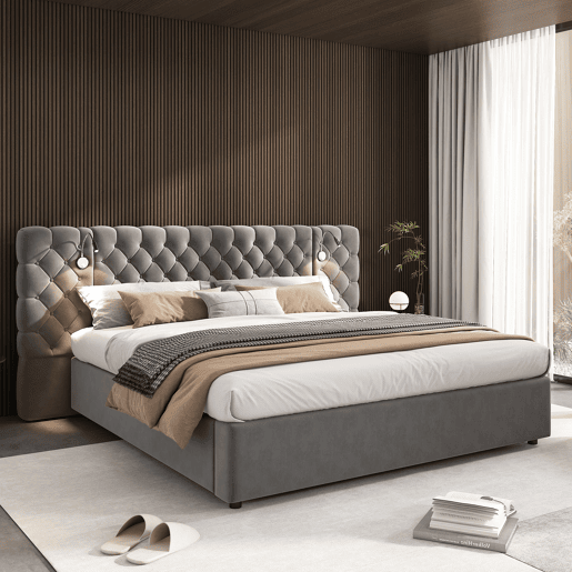 Cama de casal de veludo 160x200 cm com armazenamento e luz led,cinza