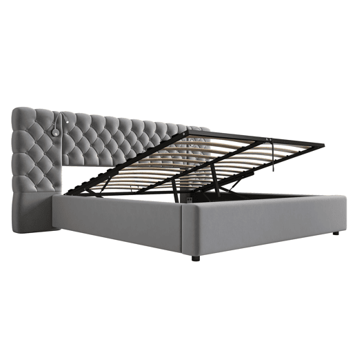 Cama de casal de veludo 160x200 cm com armazenamento e luz led,cinza