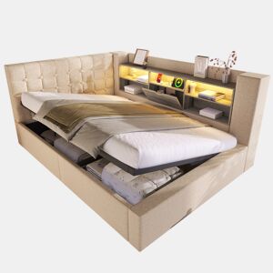 Cama de casal de linho 140x200 cm com armazenamento e luz led,bege
