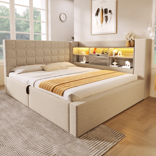 Cama de casal de linho 140x200 cm com armazenamento e luz led,bege