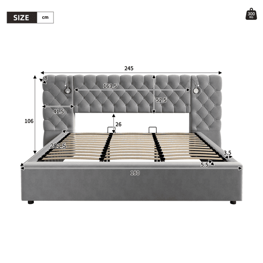 Cama de casal de veludo 180x200 cm com armazenamento e luz led,cinza