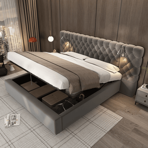 Cama de casal de veludo 180x200 cm com armazenamento e luz led,cinza