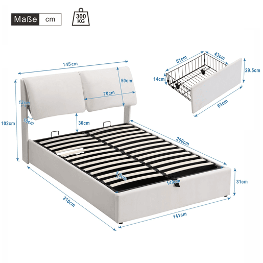 Cama de casal de veludo 140x200 cm com armazenamento,bege