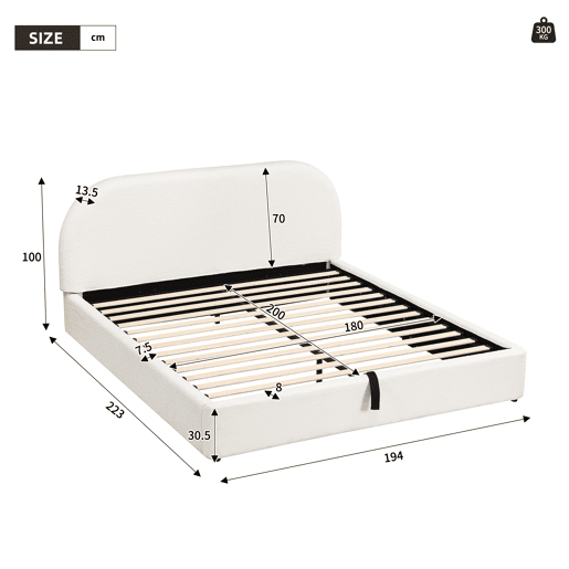 Cama de casal de tecido 180x200 cm com armazenamento,bege