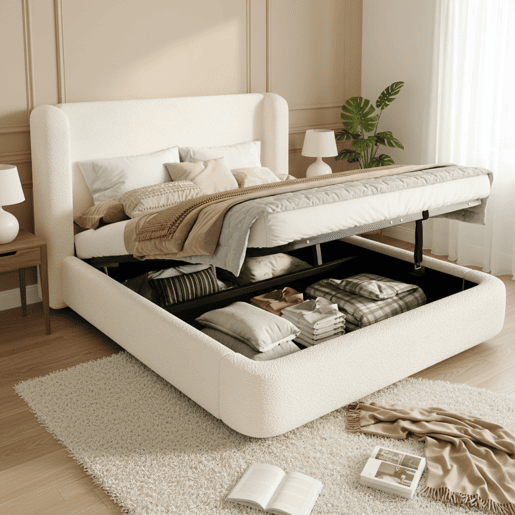 Cama de casal de tecido 160x200 cm com armazenamento,bege