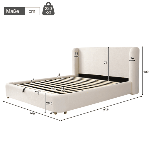 Cama de casal de tecido 160x200 cm com armazenamento,bege
