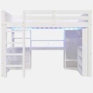 Cama alta 140x200 cm - Com LED, armário, secretária, gavetas, sem colchão - Branco
