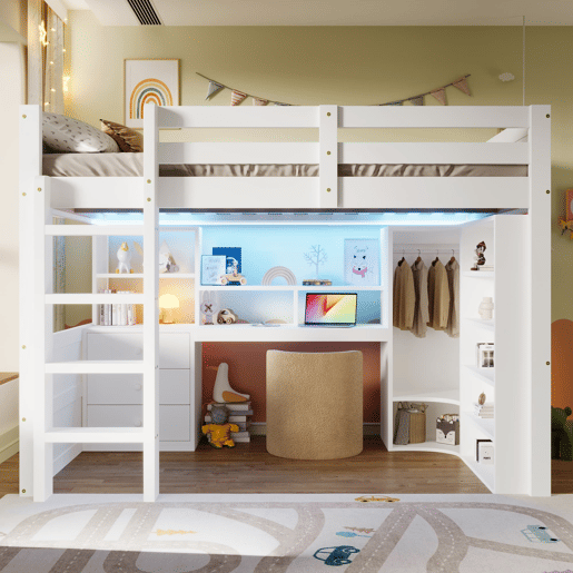 Cama alta 140x200 cm - Com LED, armário, secretária, gavetas, sem colchão - Branco Cama alta 140x200 cm - Com LED, armário, secretária, gavetas, sem colchão - Branco
