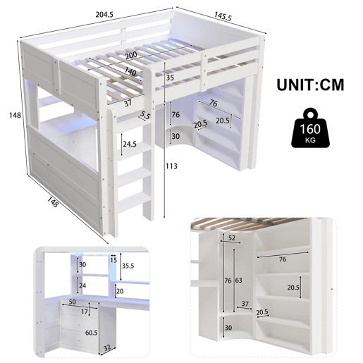 Cama alta 140x200 cm - Com LED, armário, secretária, gavetas, sem colchão - Branco Cama alta 140x200 cm - Com LED, armário, secretária, gavetas, sem colchão - Branco
