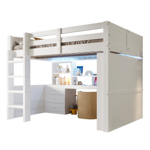 Cama alta 140x200 cm - Com LED, armário, secretária, gavetas, sem colchão - Branco Cama alta 140x200 cm - Com LED, armário, secretária, gavetas, sem colchão - Branco