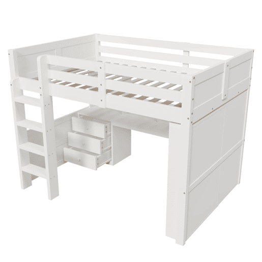 Cama alta 140x200 cm - Com LED, armário, secretária, gavetas, sem colchão - Branco Cama alta 140x200 cm - Com LED, armário, secretária, gavetas, sem colchão - Branco
