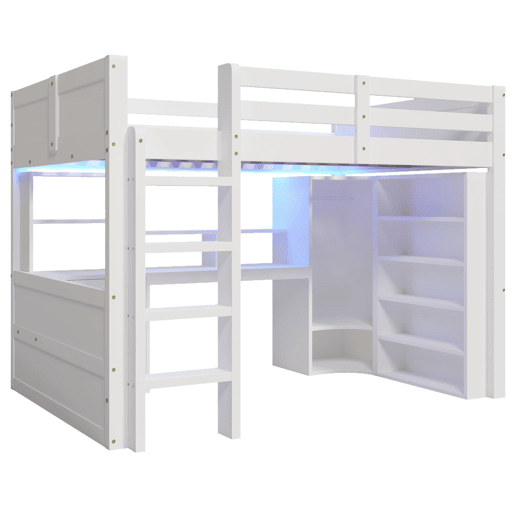 Cama alta 140x200 cm - Com LED, armário, secretária, gavetas, sem colchão - Branco Cama alta 140x200 cm - Com LED, armário, secretária, gavetas, sem colchão - Branco