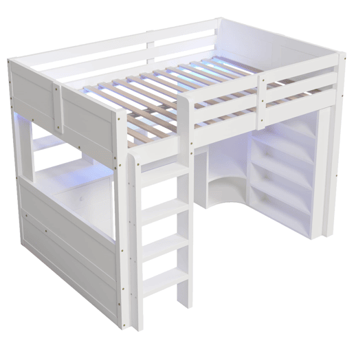 Cama alta 140x200 cm - Com LED, armário, secretária, gavetas, sem colchão - Branco Cama alta 140x200 cm - Com LED, armário, secretária, gavetas, sem colchão - Branco
